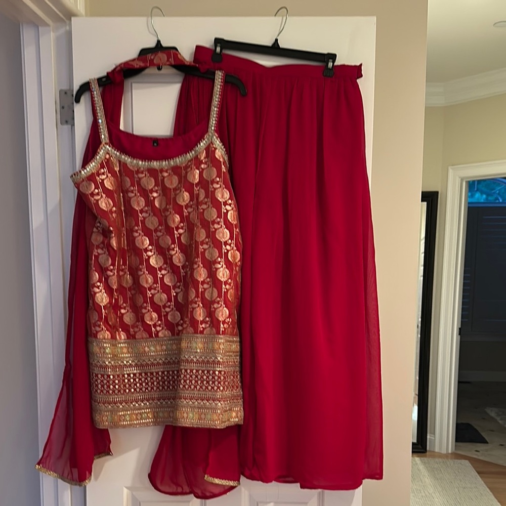 Vibrant Red and Gold Embellished Outfit